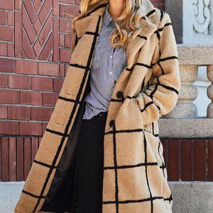 JESSICA SIMPSON |  Windowpane Sherpa Teddy Coat Beige & Black
